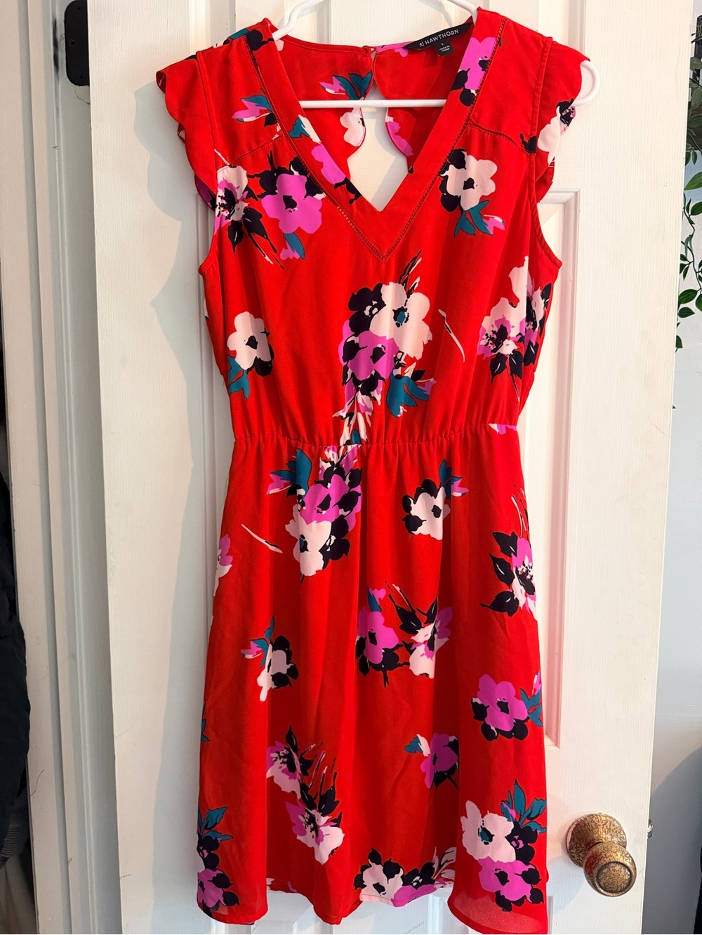 41 Hawthorn Red Floral Sleeveless V-Neck Dress with Pink & Purple Blooms